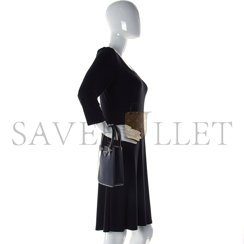 PRADA SPAZZOLATO METAL TRIANGLE LOGO SMALL DOUBLE HANDLE CROSSBODY TOTE BLACK 1BA331 (17.5*15*5cm)